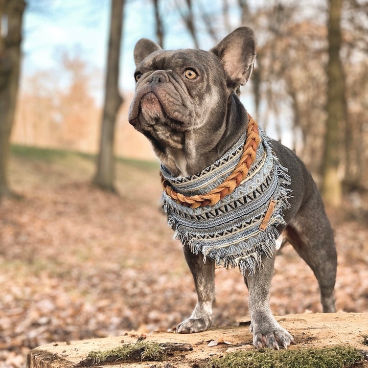 Hunde Fransentuch Halstuch für den Hund Boho Ethno Blau