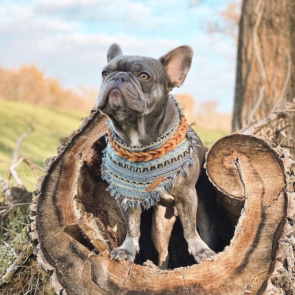 Hunde Fransentuch Halstuch für den Hund Boho Ethno Blau