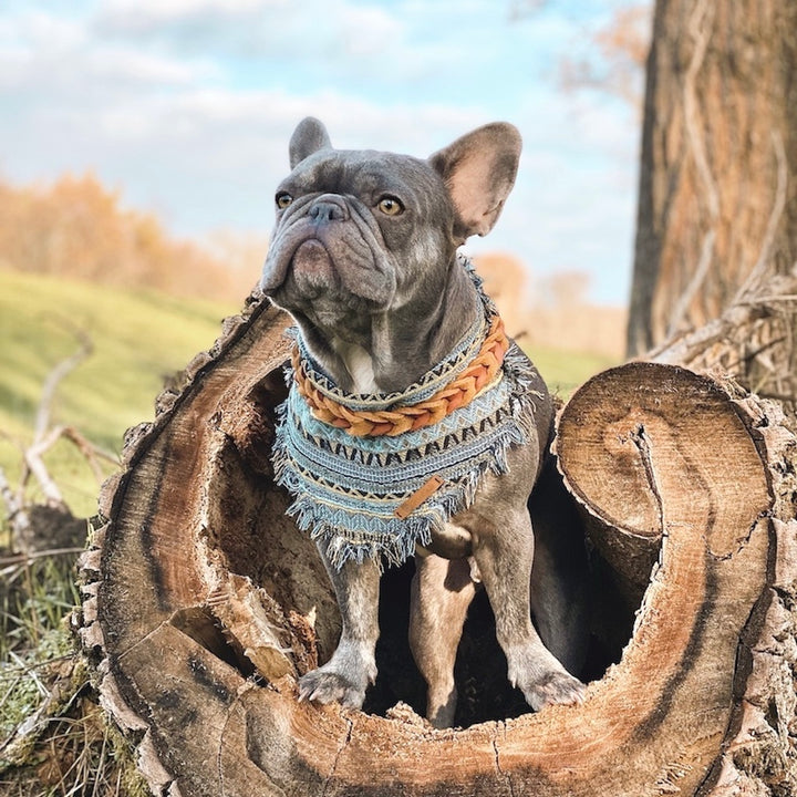 Hunde Fransentuch Halstuch für den Hund Boho Ethno Blau