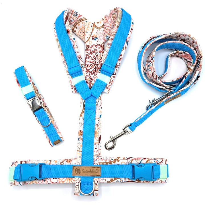 Hundeleine Softshell 3-fach verstellbar aus Softshell von ScandiPaws Aquamarin Boho silber