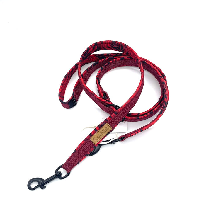 Hundeleine Softshell 3-fach verstellbar aus Softshell von ScandiPaws Rote Rosen Schwarz