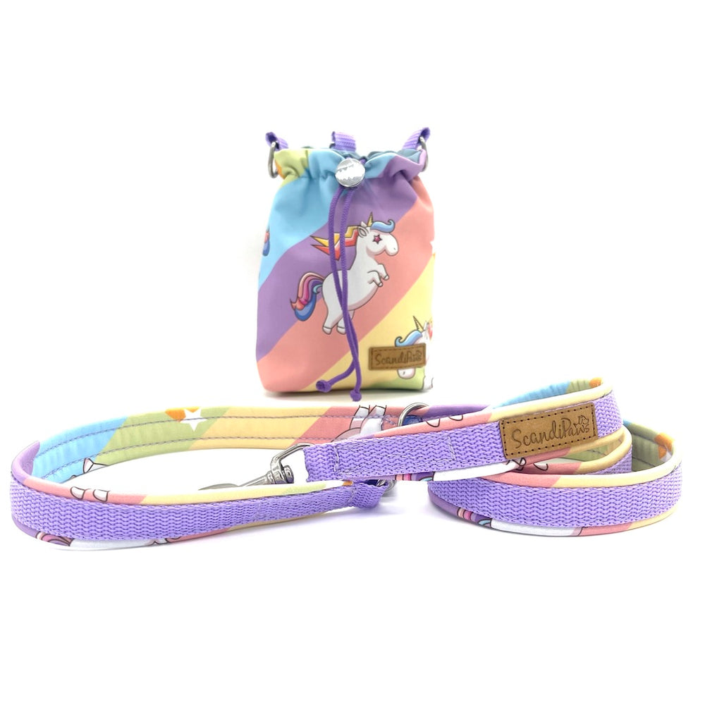 Hunde Leckerlibeutel Goodiebag und Futterbeutel für Unterwegs. Ob beim Gassi, Spaziergänge oder Hundetraining Einhorn unicorn lila rosa gelb blau