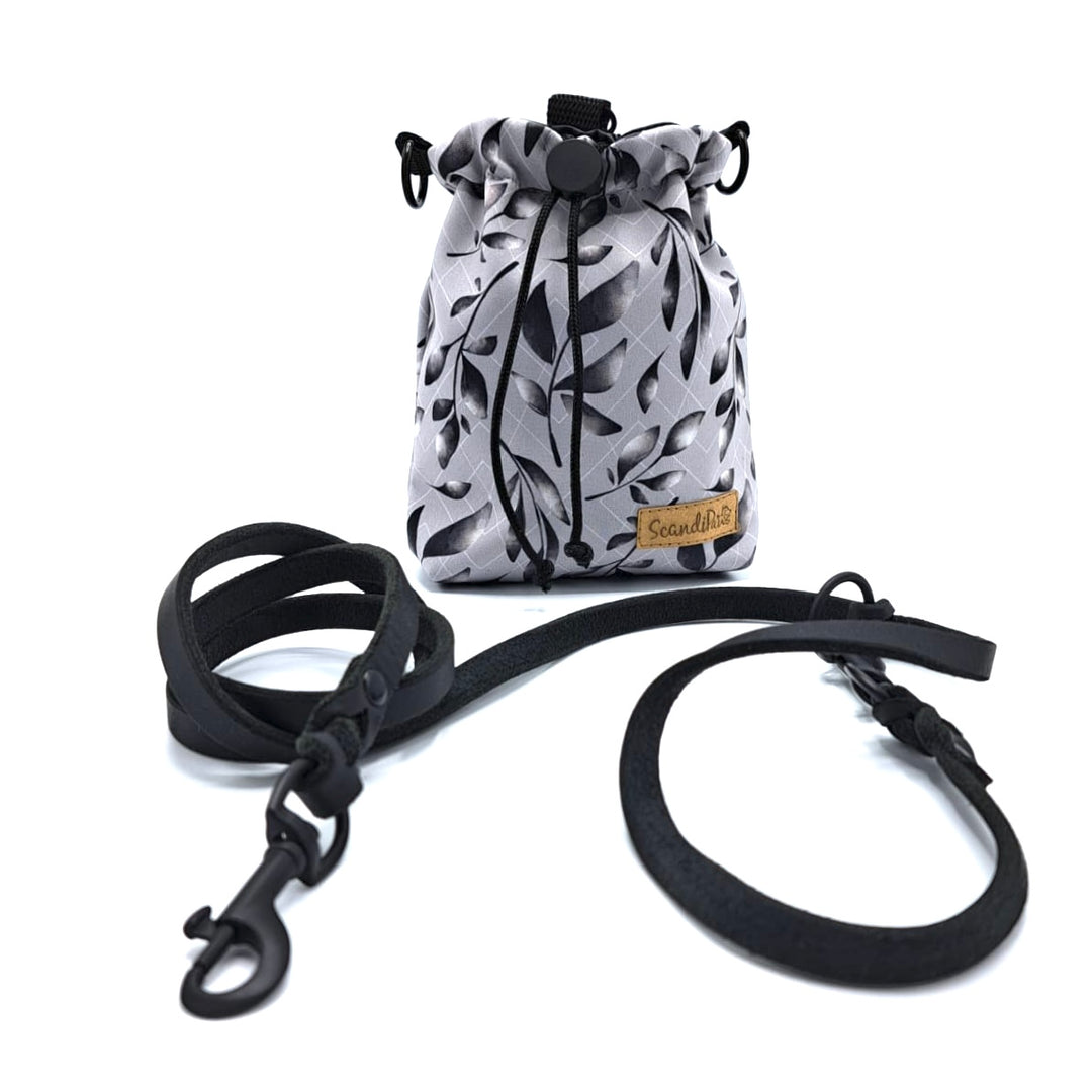 Hunde Leckerlibeutel Goodiebag und Futterbeutel für Unterwegs. Ob beim Gassi, Spaziergänge oder Hundetraining Grey Leaves Grau schwarz Blätter