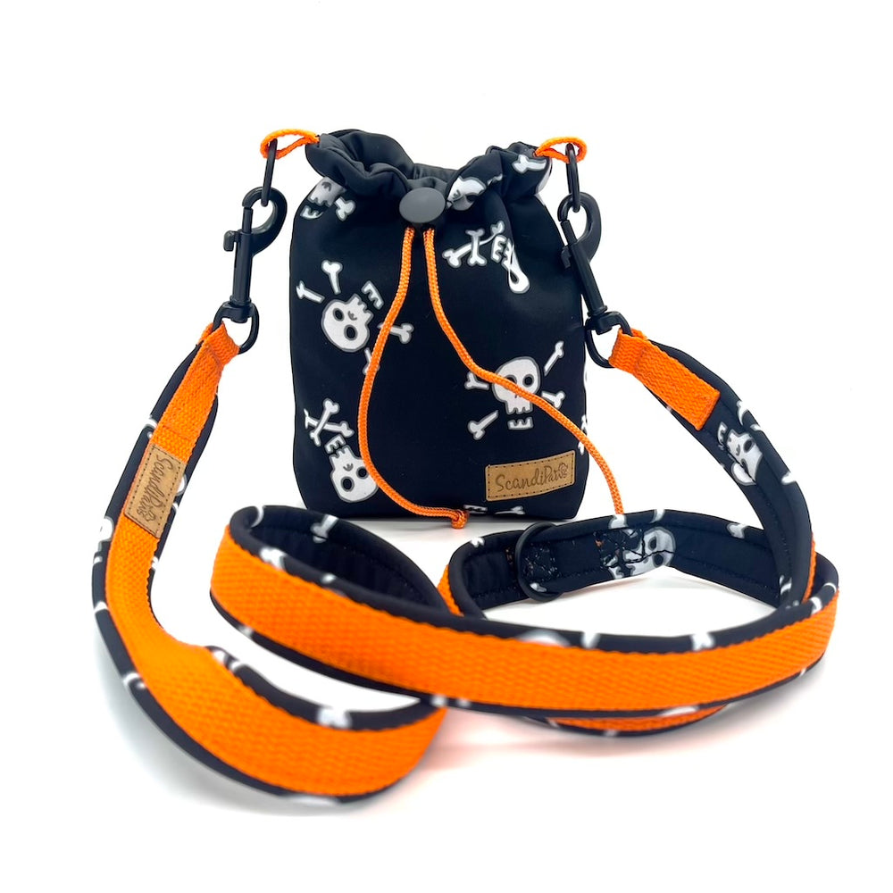 Hunde Leckerlibeutel Orange Henkel Leine Goodiebag Schwarz Skulls Totenkopf