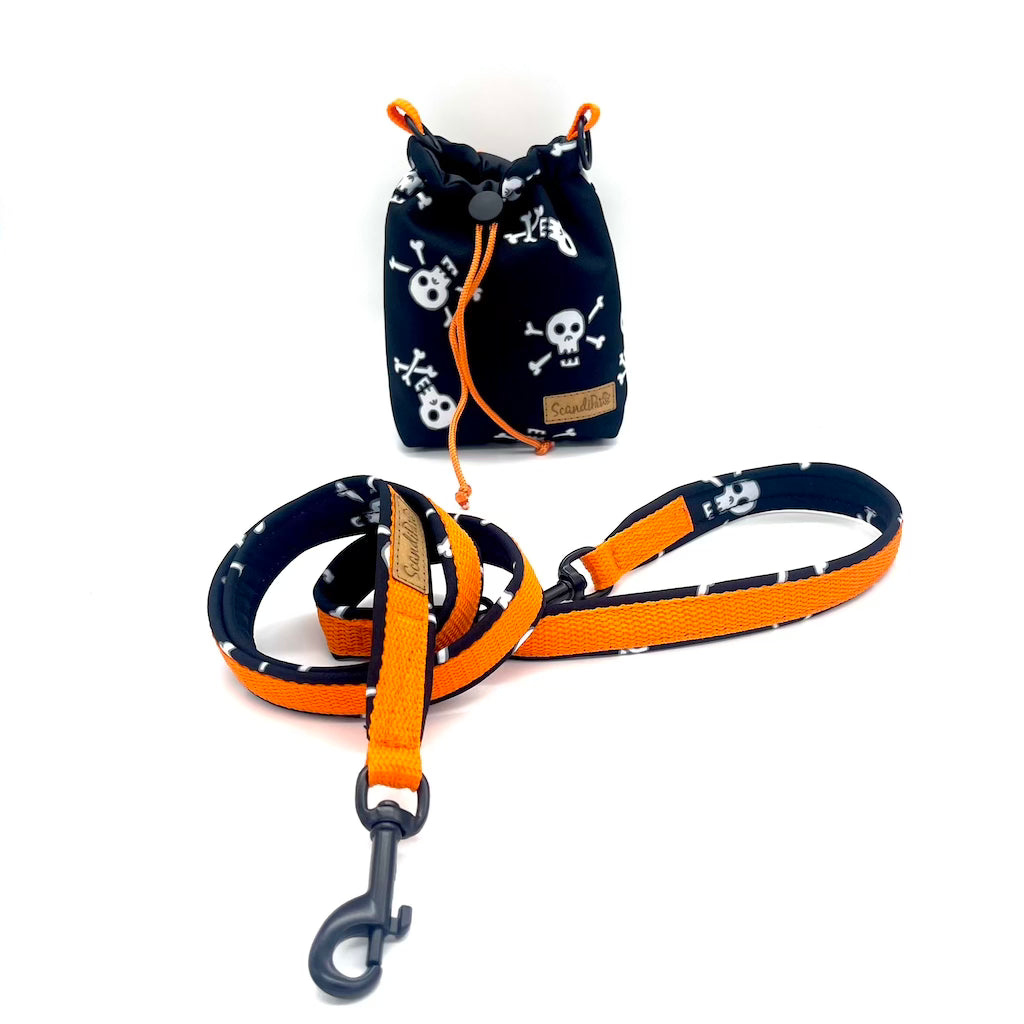 Hunde Leckerlibeutel Orange Henkel Leine Goodiebag Schwarz Skulls Totenkopf