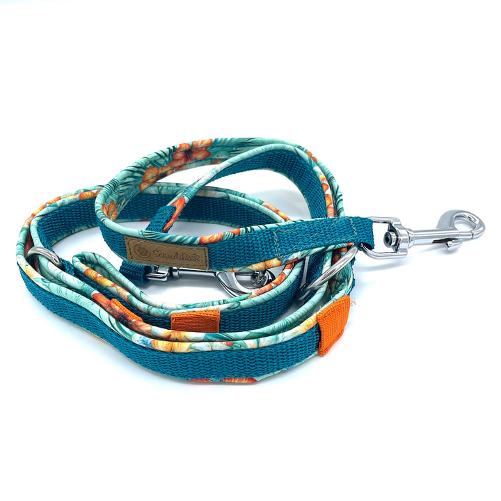 Hundeleine Softshell 3-fach verstellbar aus Softshell von ScandiPaws  Hawaii aloha petol