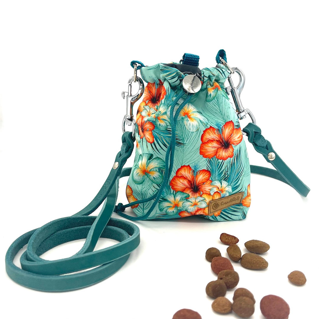 Hunde Leckerlibeutel Goodiebag und Futterbeutel für Unterwegs. Ob beim Gassi, Spaziergänge oder Training Hawaii Petrol Orange Aloha